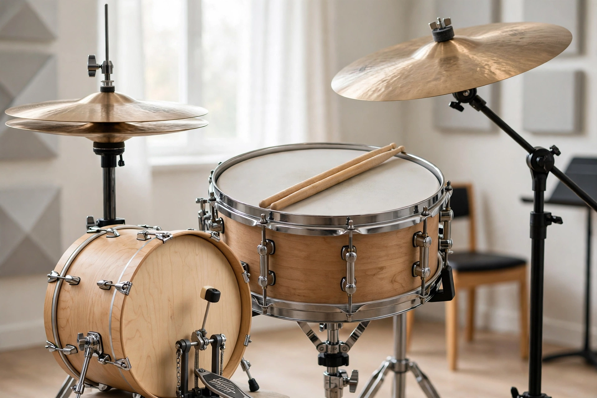 Drum kit parts in a lesson room